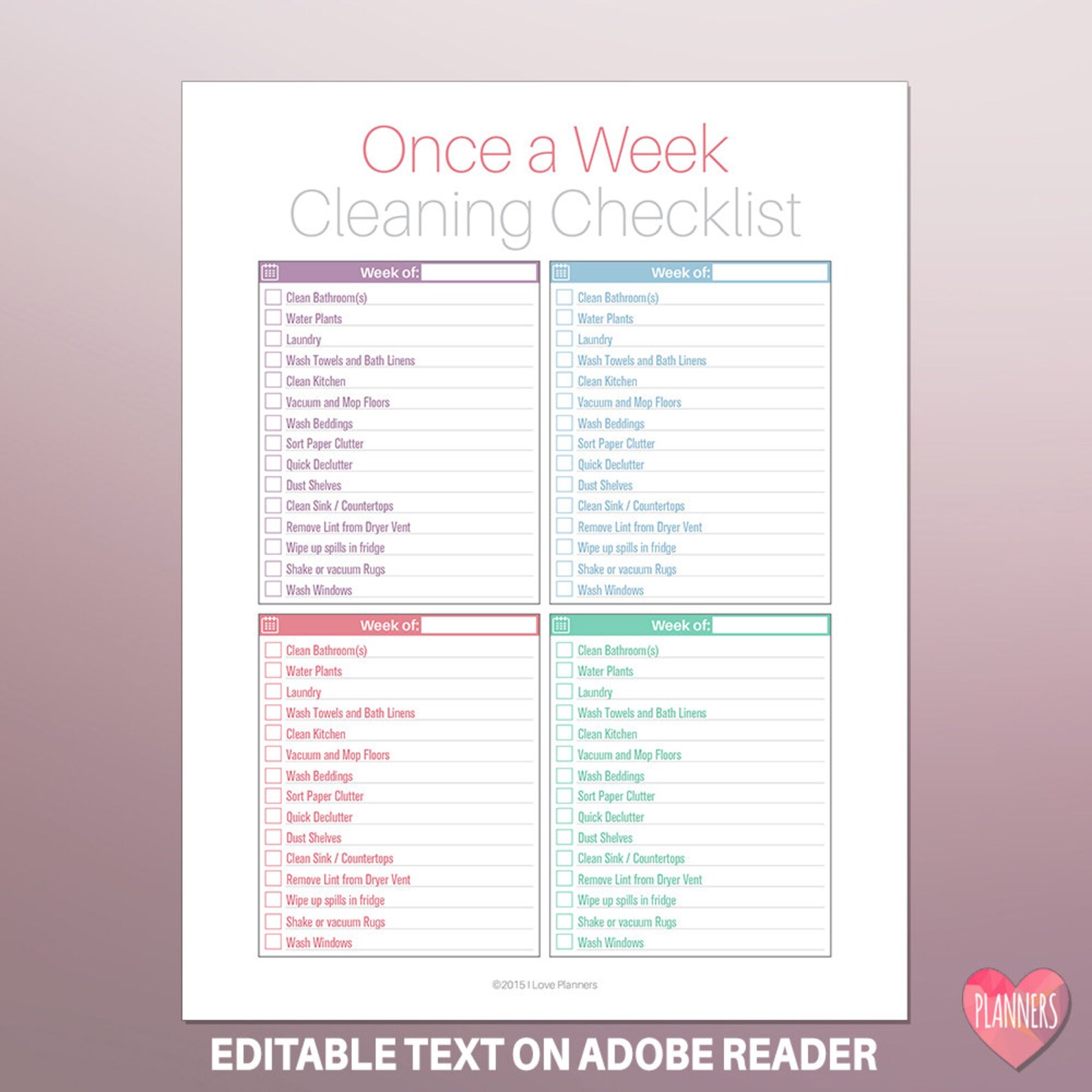 Once a Week Cleaning Checklist Instant Download PDF Format Ready to