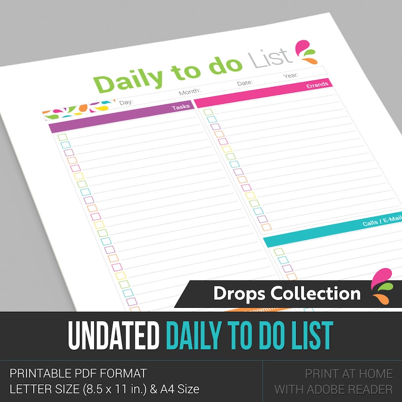 Instant Download PDF format ready to print at home! Undated Daily To Do List
