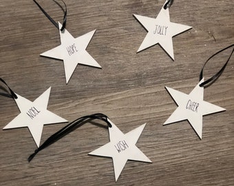 Set of 5 star ornaments- white with black lettering- free shipping - can customize