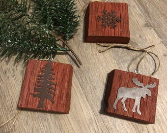 Set of 3 rustic red barnwood  and metal ornaments - Only 1 set - Ready to ship - Free shipping