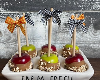 Faux Mini Caramel Apples, Red and green apples, Fall tiered tray decor