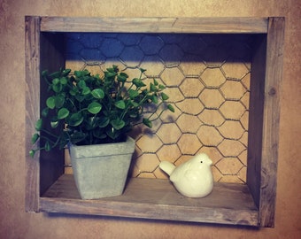 Chicken wire farmhouse shelf , modern farmhouse decor, rustic wood shelf