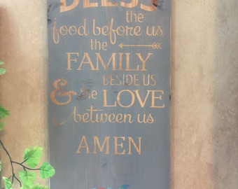 Bless the food before us wood sign, handpainted flowers, kitchen sign, rustic kitchen sign, dining room sign