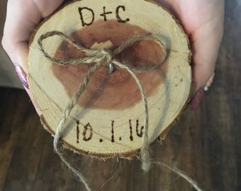 Wood ring bearer pillow personalized with initials and wedding date rustic cedar
