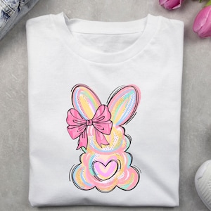 Pastel Bunny Easter Shirt, Cute Spring Bunny Tee, Hand-Drawn Easter Bunny with Bow, Easter Outfit for Women & Kids, Spring Tshirts