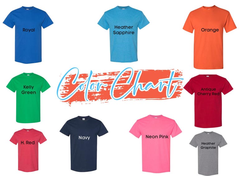 Puede incluir: Una carta de colores con camisetas de varios colores, incluyendo azul real, naranja y rosa ne&oacute;n. Cada camiseta muestra su nombre de color, como "Kelly Green" y "Heather Graphite". El texto "Color Chart" est&aacute; en el centro.