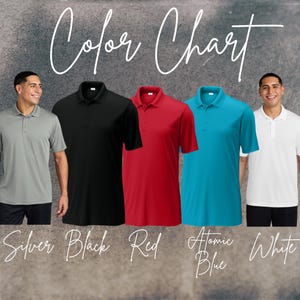May include: Color chart showing five polo shirts in different colors: silver, black, red, atomic blue, and white.