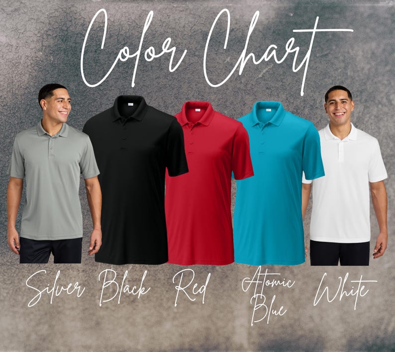 May include: Color chart showing five polo shirts in different colors: silver, black, red, atomic blue, and white.