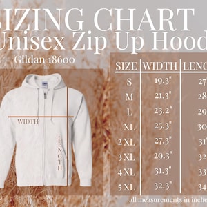 Puede incluir: Tabla de tallas de sudadera con capucha y cremallera unisex blanca. Las tallas van de la S a la 5XL, con medidas de ancho de 49 cm a 82 cm y largos de 69 cm a 86 cm. La marca es Gildan 18600.