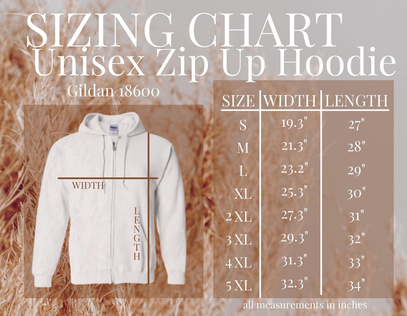 Puede incluir: Tabla de tallas de sudadera con capucha y cremallera unisex blanca. Las tallas van de la S a la 5XL, con medidas de ancho de 49 cm a 82 cm y largos de 69 cm a 86 cm. La marca es Gildan 18600.