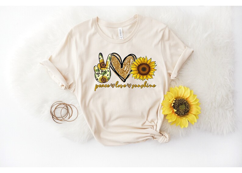 Peace Love and Sunshine, sunflower shirt, graphic tee for woman, woman trendy shirt, peace shirt, love shirt, sunshine shirt, Mother's Day image 1