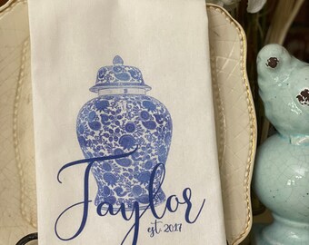 Hostess Gift, Blue and White Ginger Jar Tea Towel, Flour Sack Towel, Bridal, Personalized Towel, Kitchen Towel, Farm house Decoration