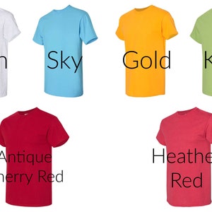 Puede incluir: Una colecci&oacute;n de camisetas de manga corta en varios colores, incluyendo ceniza, azul cielo, dorado, kiwi, rojo cereza antiguo y rojo brezo. Cada camiseta se muestra individualmente sobre un fondo blanco, con el nombre del color impreso debajo.