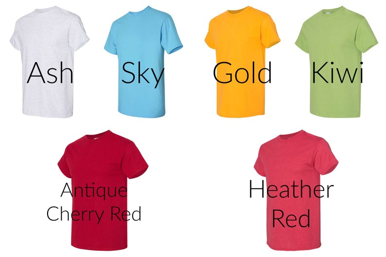 Puede incluir: Una colecci&oacute;n de camisetas de manga corta en varios colores, incluyendo ceniza, azul cielo, dorado, kiwi, rojo cereza antiguo y rojo brezo. Cada camiseta se muestra individualmente sobre un fondo blanco, con el nombre del color impreso debajo.