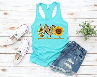 Peace Love and Sunshine, sunflower tank, graphic tank top for woman, woman trendy tank top, peace tank, love tank, sunshine tank, racerback