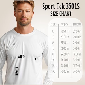 May include: Size chart for Sport-Tek 350LS long-sleeve shirts. The chart shows sizes XS through 4XL with corresponding width and length measurements in inches.
