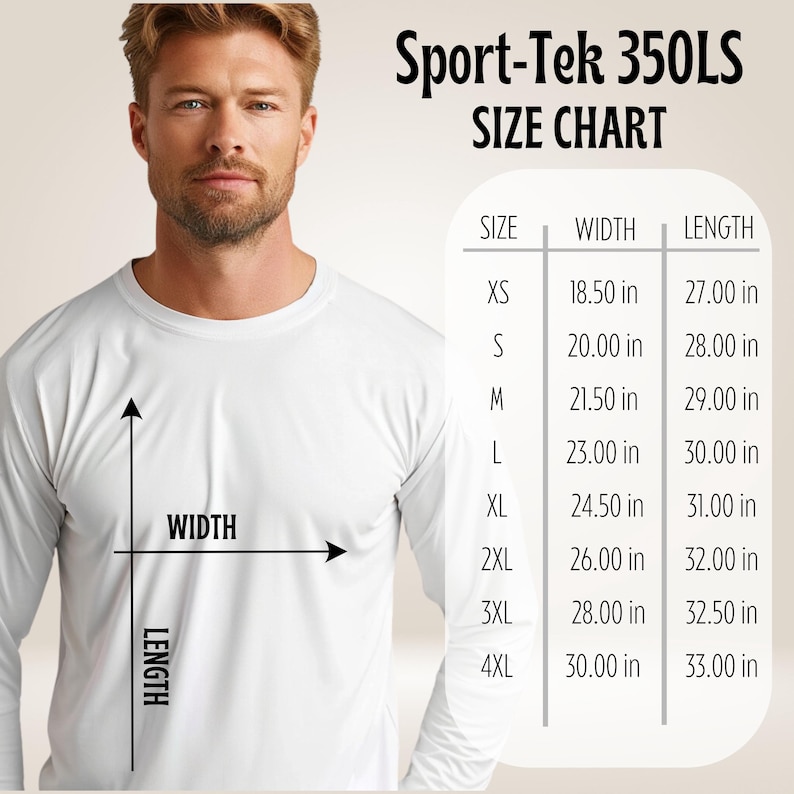 May include: Size chart for Sport-Tek 350LS long-sleeve shirts. The chart shows sizes XS through 4XL with corresponding width and length measurements in inches.
