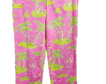 Vintage Lilly Pulitzer Women's 8 Pink Palm Tree Tapered Leg Khaki Chino Pants