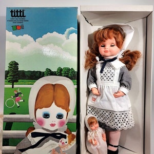 VINTAGE Titti Mama Wind-Up Rocking Musical 22 "Puppe mit Baby Wiegenlied Brünett Mädchen Dolly mit Baby-Puppenspielzeug animierte neue NIB