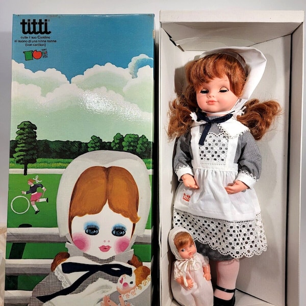 VINTAGE Titti Mama Wind-Up Rocking Musical 22" Doll With Baby Lullabye Brunette Girl Dolly With Baby Doll Toy Animated New NIB