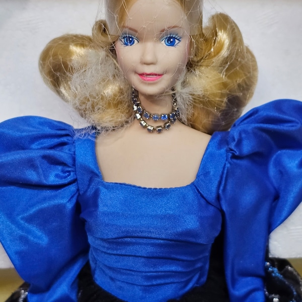 Vintage 1986 Mattel 1708 Barbie Porcelain Collection Blue Rhapsody Barbie Movie Doll Sparkly Blue Gown Dress With Stand First In Series NEW