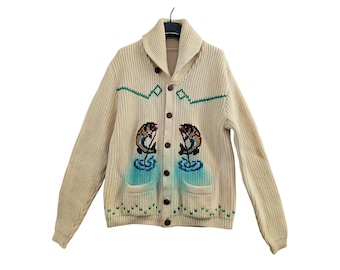 Tundra Cardigan Cowichan Mens XL Cream Fishing Graphic Wool Shawl Collar Vintage