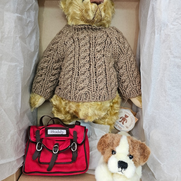 Vintage 82008 Barton's Creek Gund Buddy Jointed Teddy Bear & Lil' Zippy 15" Artist With Knit Sweater and Red Suitcase Bag New In Box