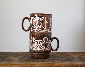 CLEARANCE SALE--Pair of Brown Stacking Mugs,1960's Off- White and Brown Abstract Coffee Mugs, Retro Kitchen, Made in England