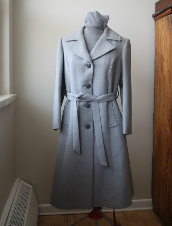 Vintage Women's Grey Wool Belted Long Dress Coat,