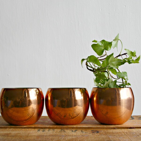 Three Copper Roly Poly Cups, Small Copper Cups, Small Copper Planters, Mini Copper Cache Pots, Rustic Boho Decor