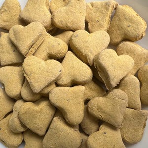 Mini Heart Dog Treats made with human grade ingredients. Healthy treats that are gluten free and vegan. Handmade & all natural for your dog.
