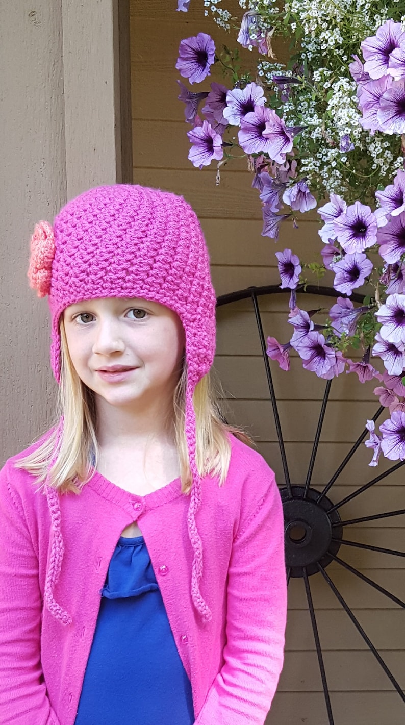 Discounted Last Minute Gift Bumpy Earflap Curly Tie Beanie Hat With Flower Accent READY TO SHIP Crochet Newborn, 3-6 Mos, 1-2 Yrs, Child