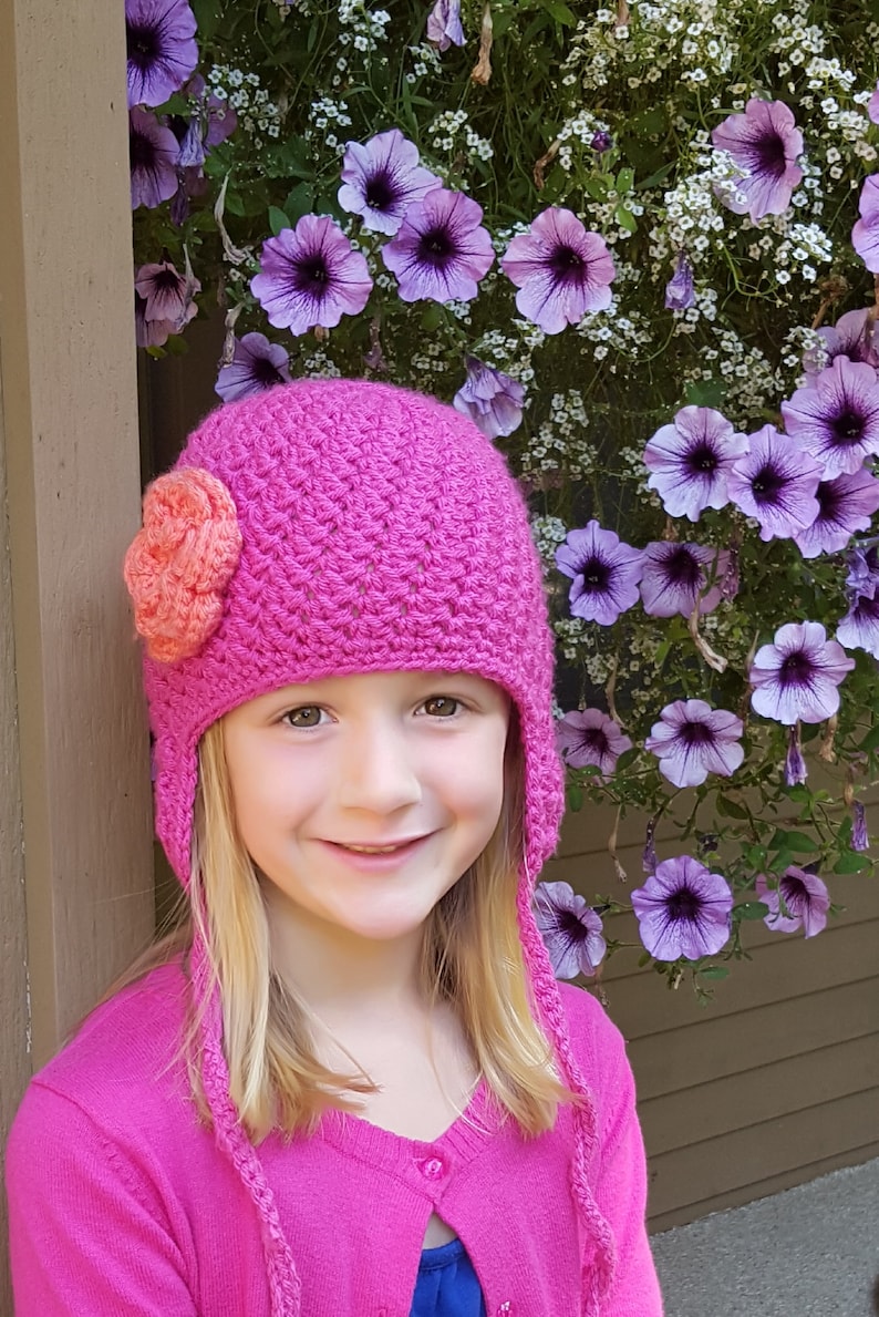 Discounted Last Minute Gift Bumpy Earflap Curly Tie Beanie Hat With Flower Accent READY TO SHIP Crochet Newborn, 3-6 Mos, 1-2 Yrs, Child