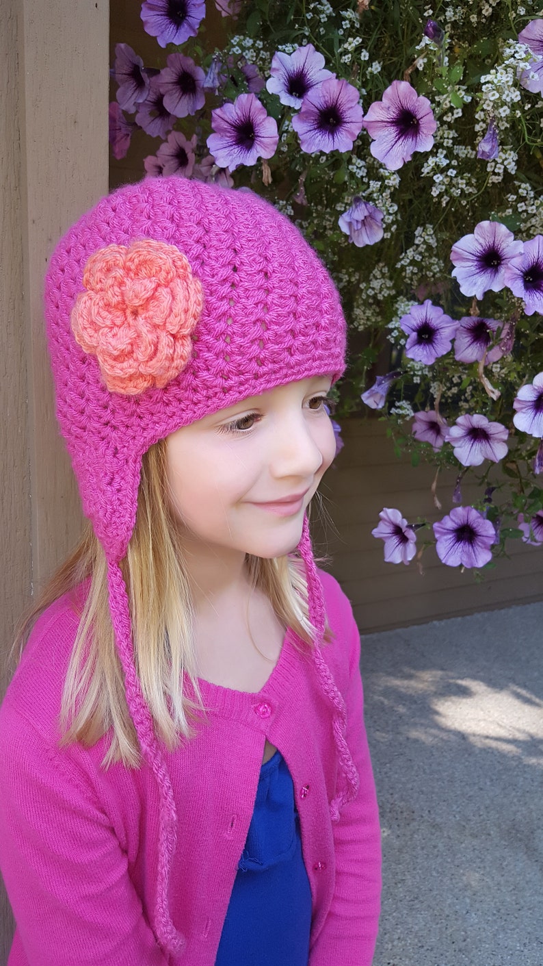 Discounted Last Minute Gift Bumpy Earflap Curly Tie Beanie Hat With Flower Accent READY TO SHIP Crochet Newborn, 3-6 Mos, 1-2 Yrs, Child