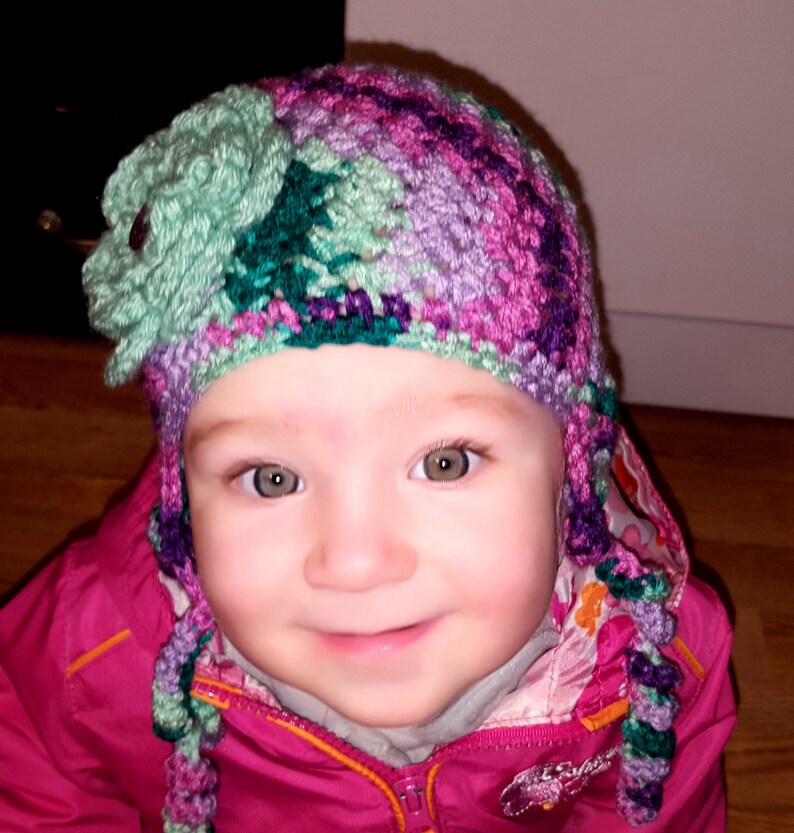 Discounted Last Minute Gift Bumpy Earflap Curly Tie Beanie Hat With Flower Accent READY TO SHIP Crochet Newborn, 3-6 Mos, 1-2 Yrs, Child