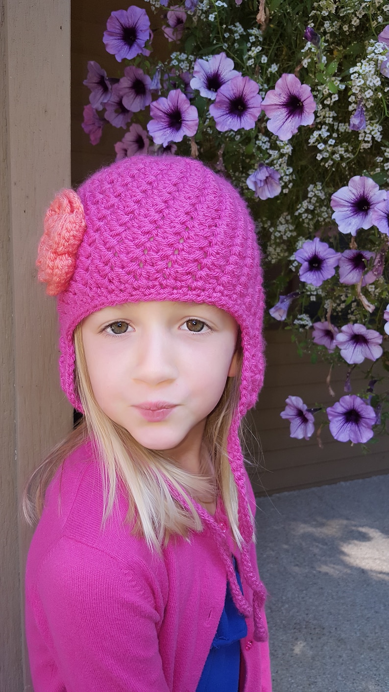 Discounted Last Minute Gift Bumpy Earflap Curly Tie Beanie Hat With Flower Accent READY TO SHIP Crochet Newborn, 3-6 Mos, 1-2 Yrs, Child