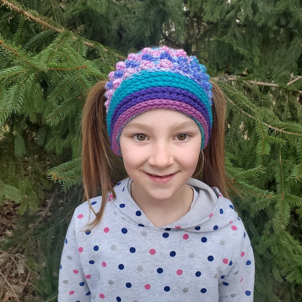 Messy Bun Pigtail Puff Stitch Crochet Beanie Hat Custom (Toddler Child) 2 Holes In Top Of Hat Hair On Top Of Hat Hair Beanie