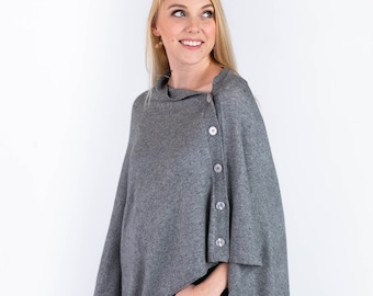 Natural Gray Button Poncho