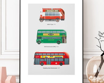 London Bus Print - Transport History Routemaster Doubledecker RML Red Green Bus - Illustrated London Poster - Wall Art - TfL