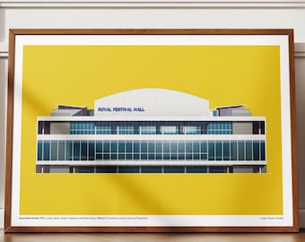 May include: A framed architectural print featuring a stylized illustration of the Royal Festival Hall against a solid yellow background. The building is depicted with a white roof, blue glass windows, and the text Royal Festival Hall in blue.