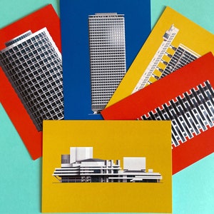 Lot de 5 cartes postales brutalistes de Londres - Illustrations d'architecture Théâtre national de Southbank Trellick Tower One Croydon Brutalisme de la NLA
