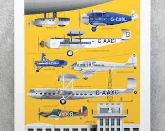 London Croydon Airport Print - Aviation History Airplane Aeroplane RAF - Illustrated Aircraft Poster - Wall Art - Transport Royal Air Force