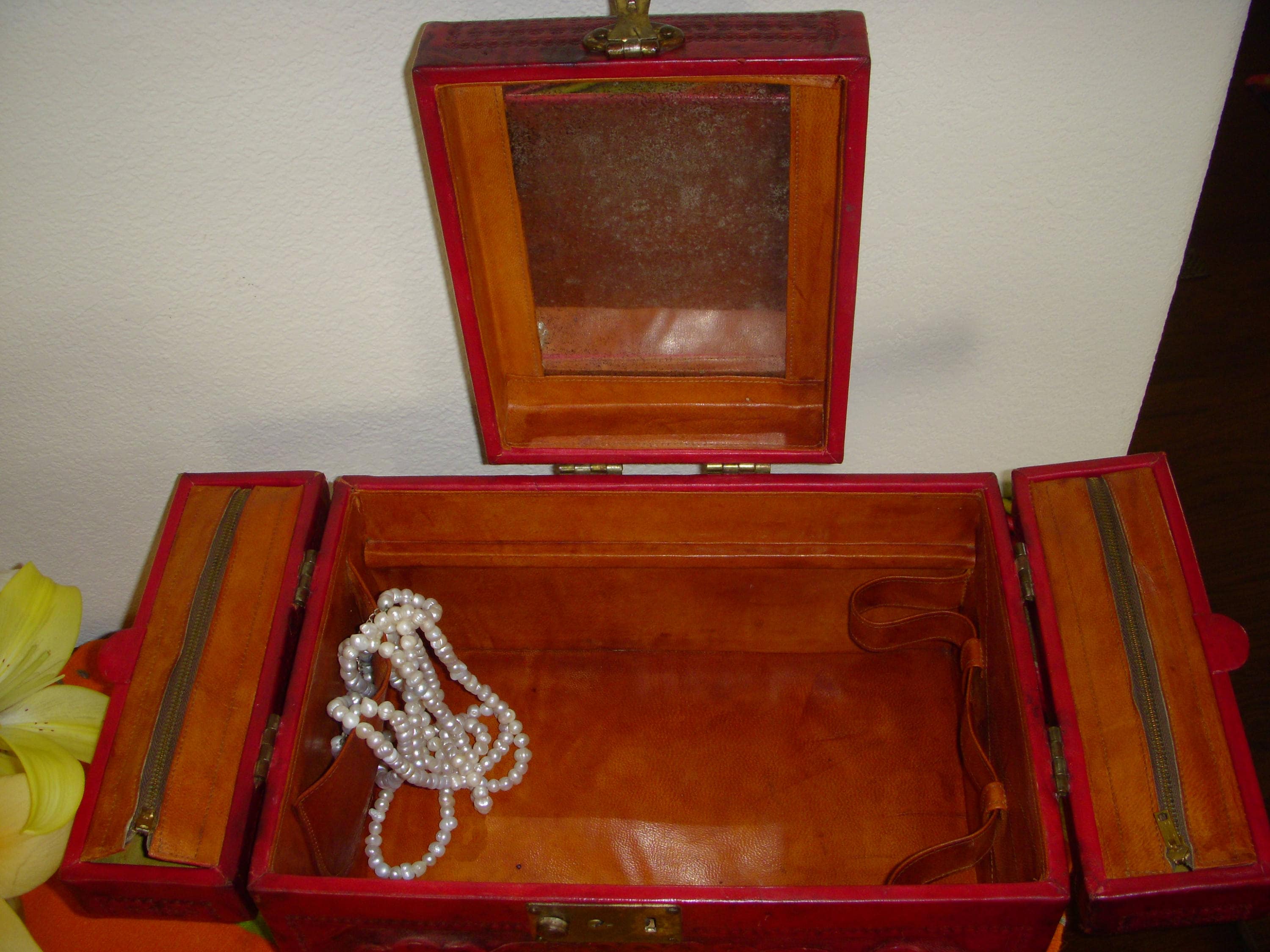 Vintage Red Tooled Leather Train Case for Jewelry or Cosmetics