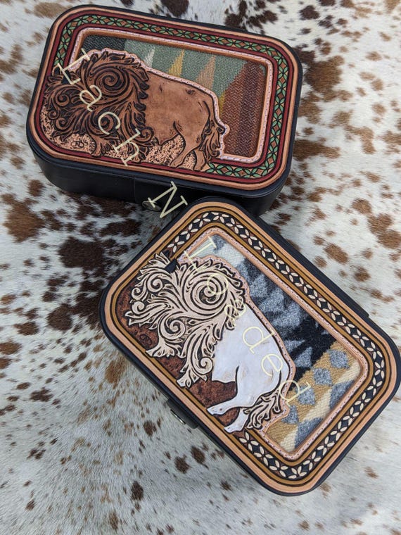 Tooled Leather Inlay Travel Jewelry Cases