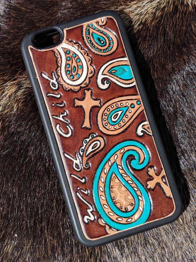 Custom Tooled Leather Phone Case with Paisley and Crosses