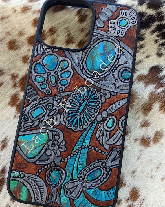 Custom Tooled Leather Phone Case With Turquoise Jewelry Design