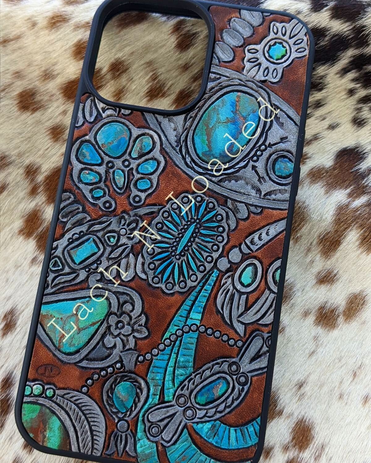Western Style Hand Tooled Basketweave Leather Phone Case Turquoise