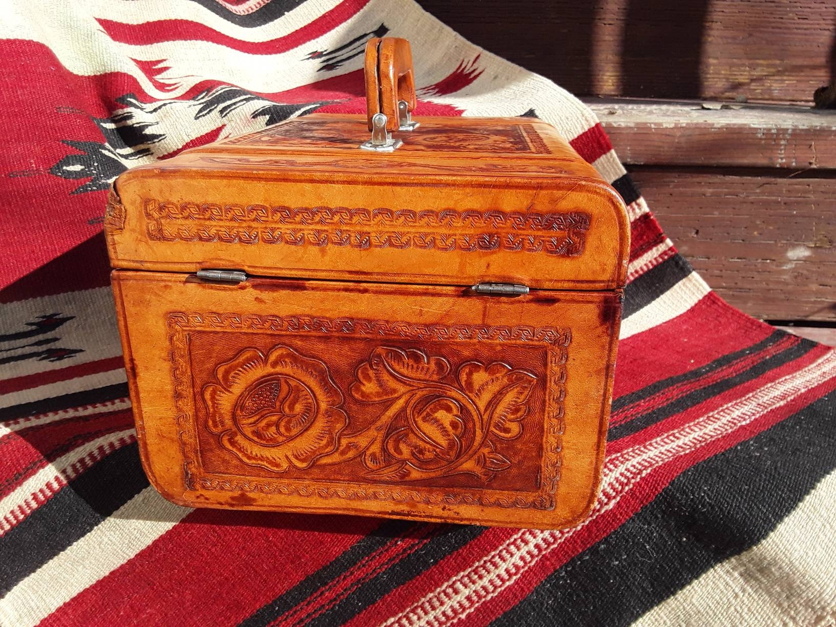 Vintage Tooled Leather Train Case with Key