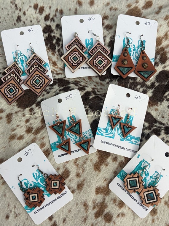 Tooled and painted turquoise leather southwest earrings