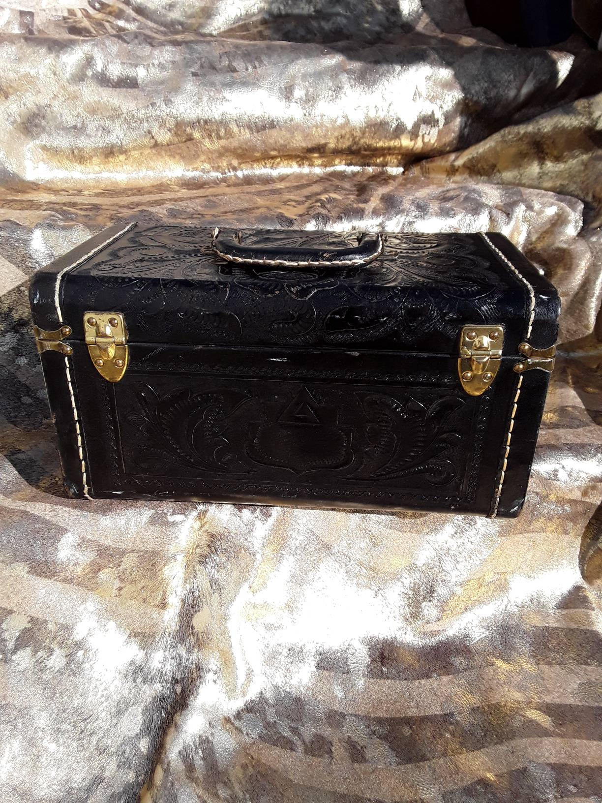 Vintage Black Tooled Leather Train Case with Key
